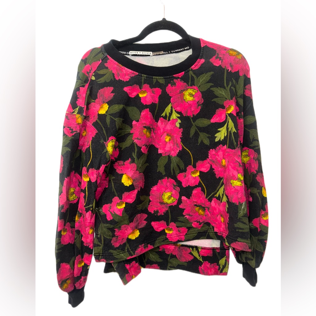 Alice + Olivia Gaia Blouson-Sleeve Floral Pink & Black Sweatshirt Size Xs